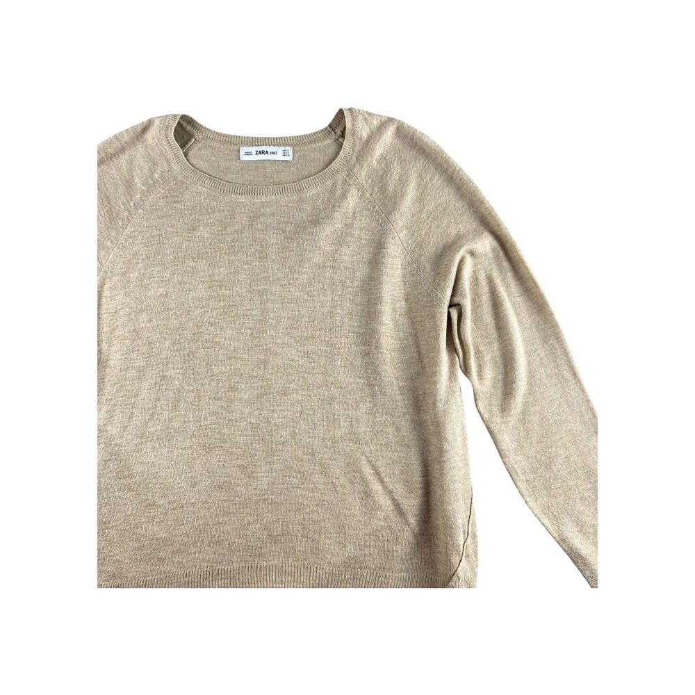Zara Knit Sweater Beige Crew Neck Long Sleeve Pullover Top Women Size S